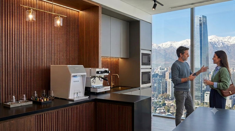 Purificador de agua Nahua en una cocina moderna, con dos personas conversando junto a una ventana con vista a la cordillera